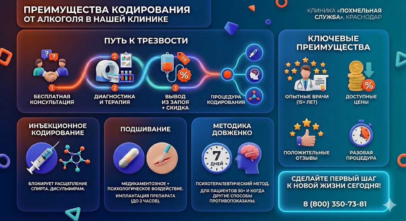 Инфографика о методах кодирования от алкоголя в Ломоносове: инъекции, подшивание, метод Довженко. Преимущества клиники и этапы лечения.